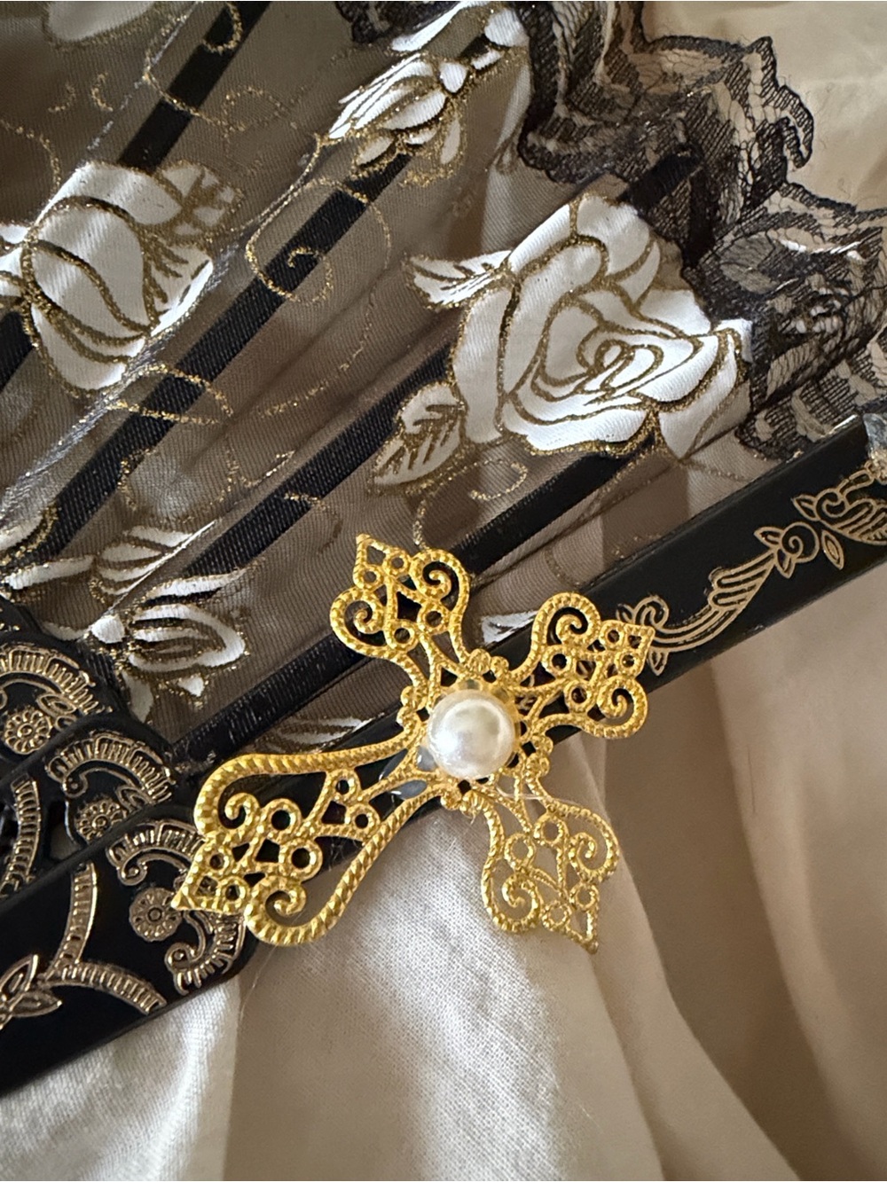 Black Lace Hand Fan with Gold Accent - Picture 4 of 5